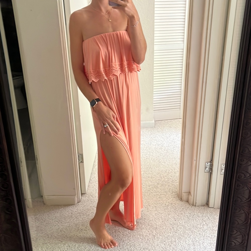 Peach maxi dress, strapless, one size fits all. One in peach one in blue.
